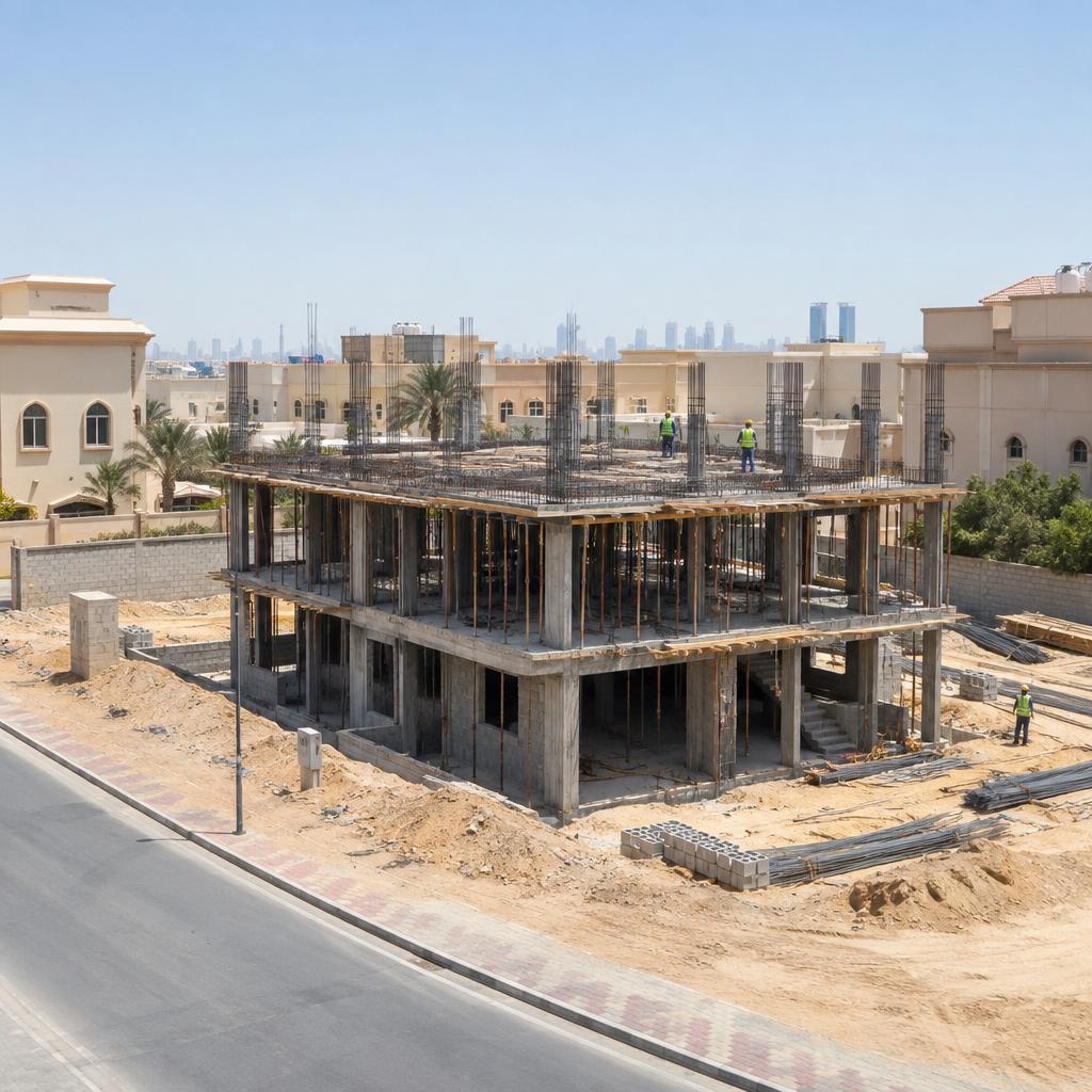هيكل خرساني لبيت قيد الإنشاء في الكويت نهاراً مع عمال بخوذ أمان يظهرون من بعيد