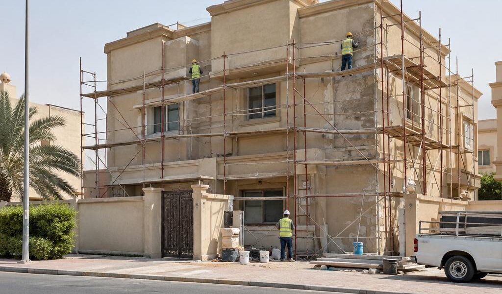 بيت سكني قديم في حي كويتي أثناء أعمال الترميم مع سقالات وعمال بخوذ أمان من بعيد