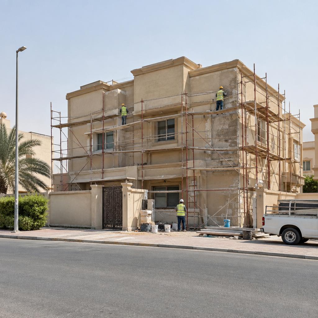 بيت سكني قديم في حي كويتي أثناء أعمال الترميم مع سقالات وعمال بخوذ أمان من بعيد