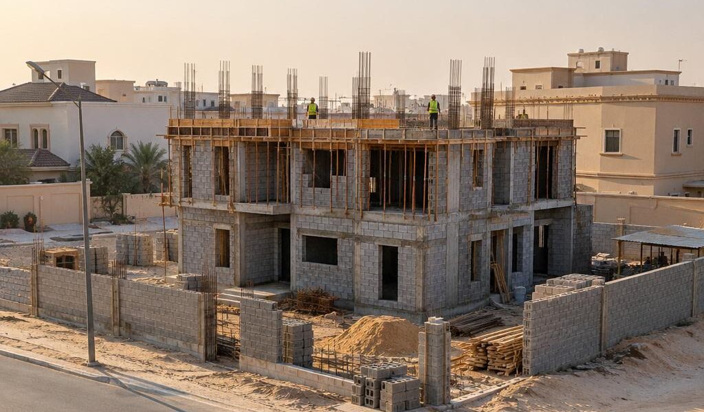 منظر مرتفع لبيت قيد الإنشاء على قسيمة سكنية في الكويت صباحاً مع عمال بخوذ أمان من بعيد