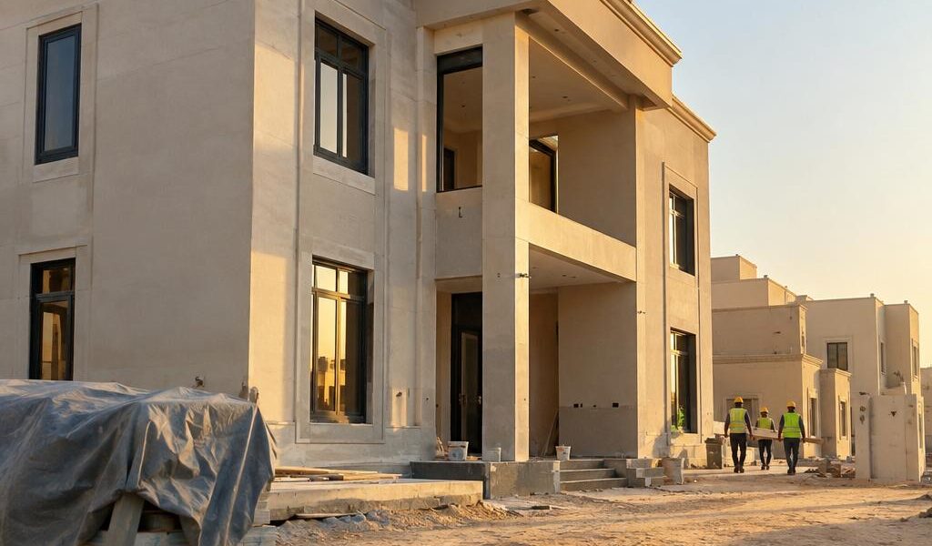 منظر من مستوى الشارع لفيلا قيد التشطيب في الكويت وعمال بخوذ أمان يظهرون من بعيد
