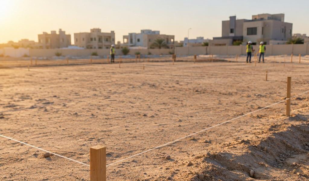 قسيمة سكنية مستوية في الكويت بعد الظهر عليها أوتاد وخيوط تحديد وعمال بخوذ أمان يظهرون من بعيد