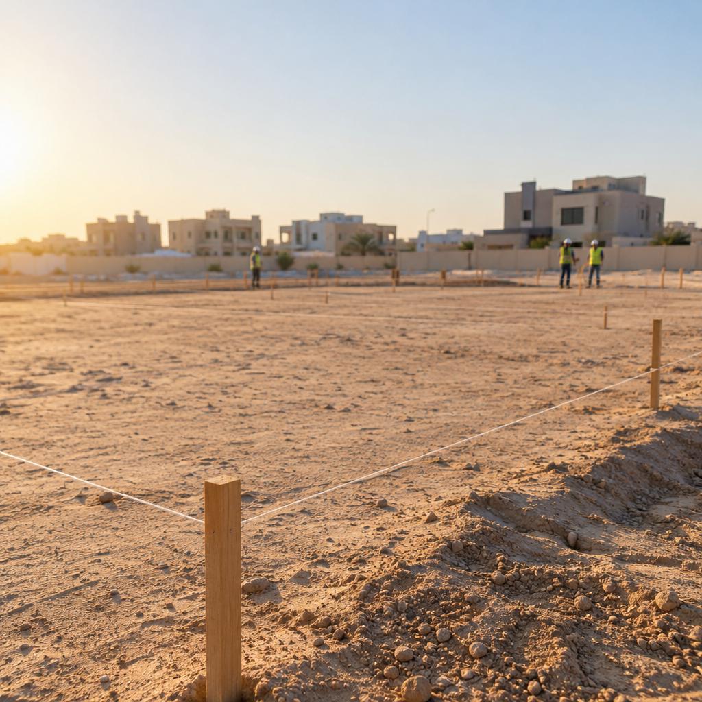 قسيمة سكنية مستوية في الكويت بعد الظهر عليها أوتاد وخيوط تحديد وعمال بخوذ أمان يظهرون من بعيد