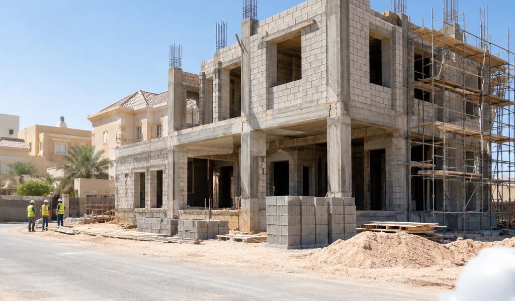 فيلا سكنية قيد الإنشاء بجدران بلوك وأعمدة خرسانية في حي كويتي نهاراً وعمال بخوذ أمان يظهرون من بعيد