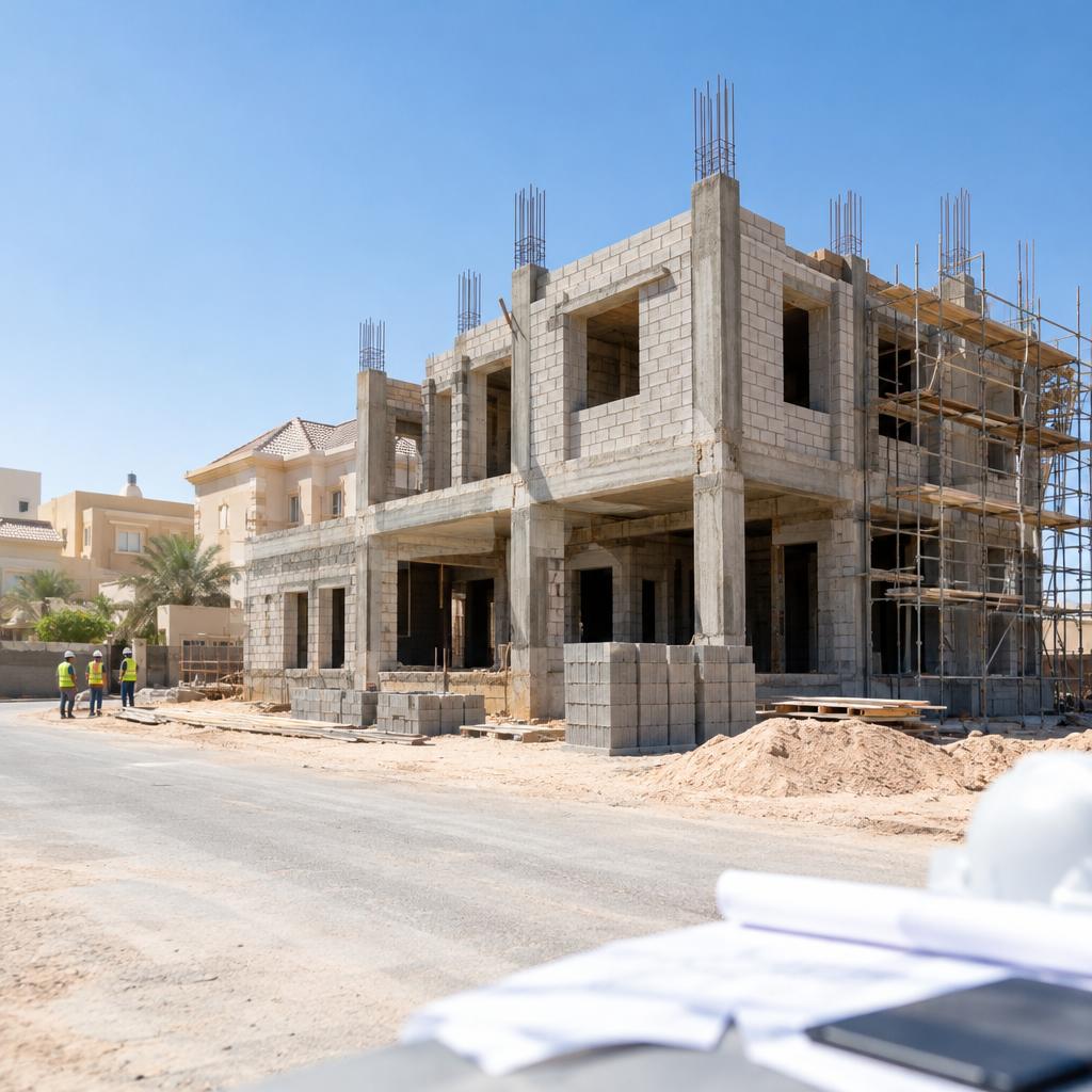 فيلا سكنية قيد الإنشاء بجدران بلوك وأعمدة خرسانية في حي كويتي نهاراً وعمال بخوذ أمان يظهرون من بعيد