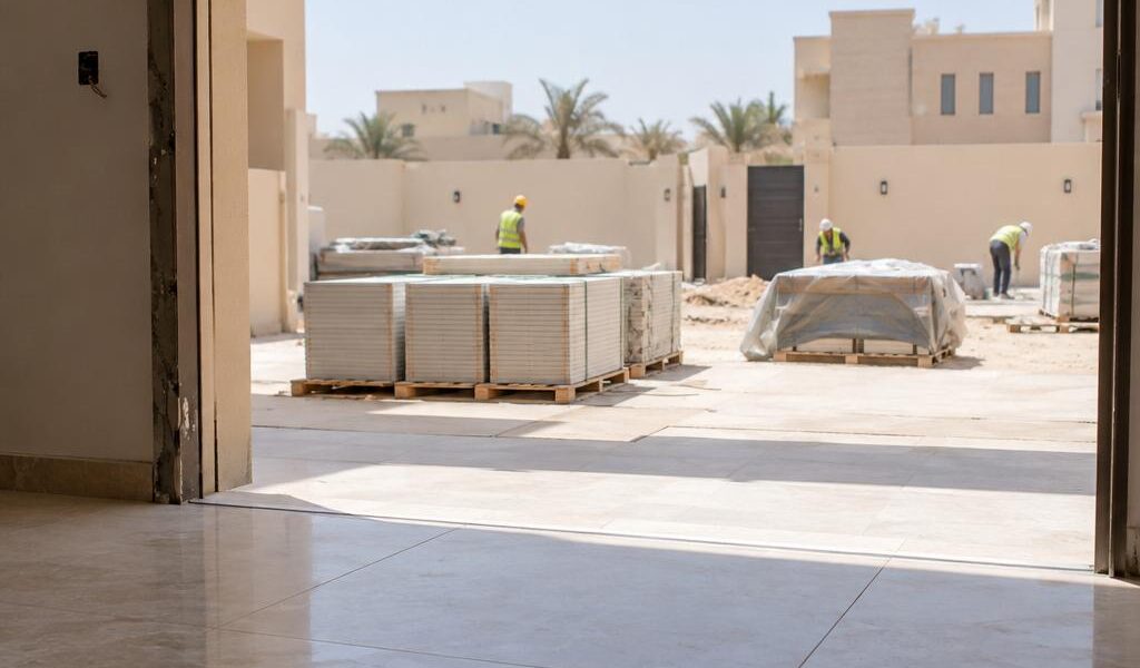مدخل فيلا قيد التشطيب في الكويت نهاراً تظهر منه ساحة خارجية وأكوام بلاط وعمال بخوذ أمان من بعيد