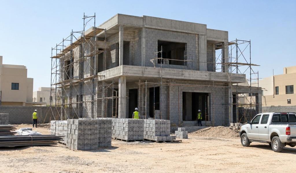 هيكل بيت سكني بجدران بلوك وسقالات في الكويت نهاراً مع عمال بخوذ أمان يظهرون من بعيد