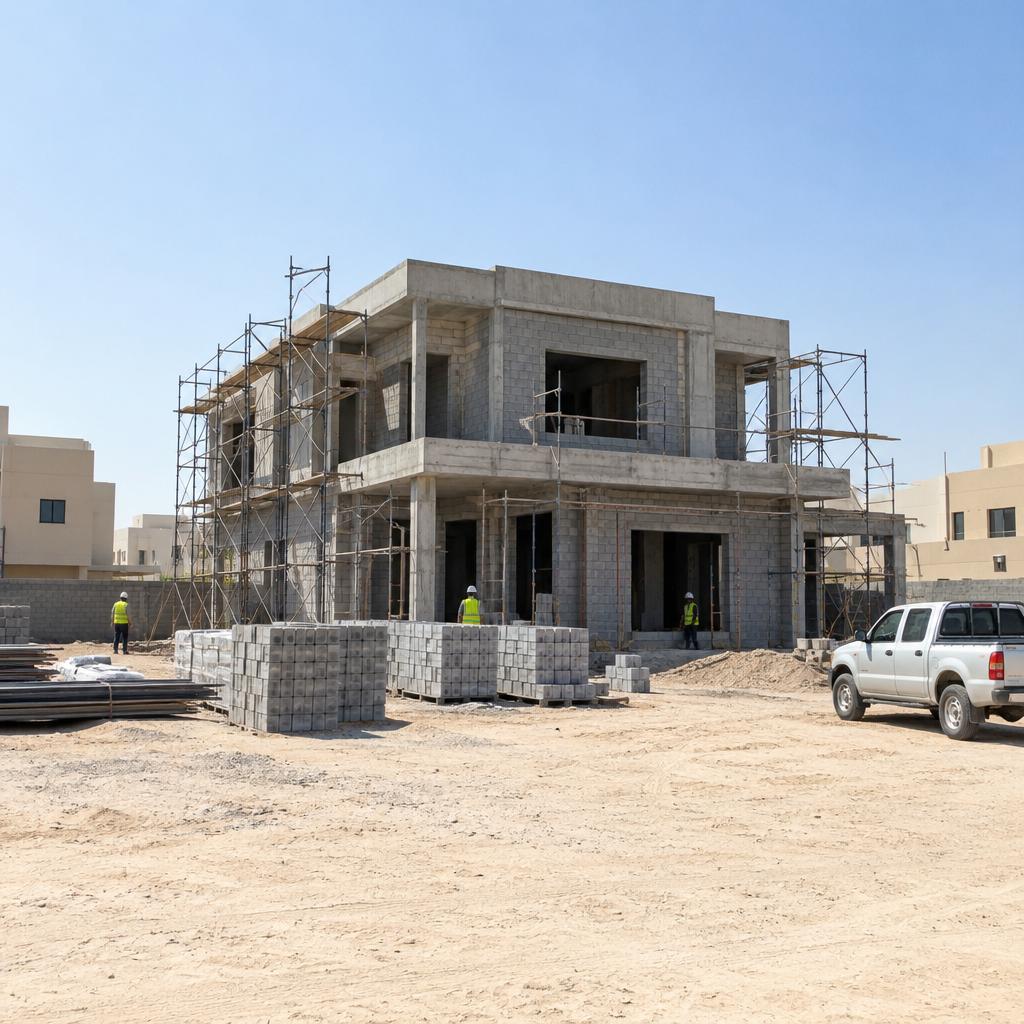 هيكل بيت سكني بجدران بلوك وسقالات في الكويت نهاراً مع عمال بخوذ أمان يظهرون من بعيد