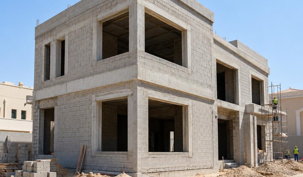 واجهة فيلا قيد الإنشاء في الكويت نهاراً تظهر فيها فتحات نوافذ فارغة وظلال حادة وعمال بخوذ أمان من بعيد