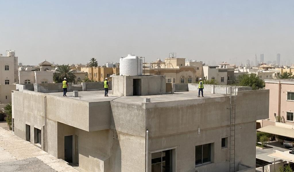 منظر من سطح مجاور لسطح مستوٍ في بيت سكني قائم بالكويت مع خزان ماء وسور حافة وعمال بخوذ أمان يظهرون من بعيد