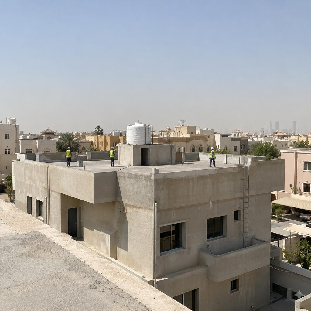 منظر من سطح مجاور لسطح مستوٍ في بيت سكني قائم بالكويت مع خزان ماء وسور حافة وعمال بخوذ أمان يظهرون من بعيد