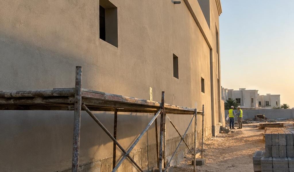 جدار خارجي جانبي لفيلا قيد التشطيب في الكويت نهاراً مع سقالة منخفضة وفتحات خارجية وعمال بخوذ أمان يظهرون من بعيد