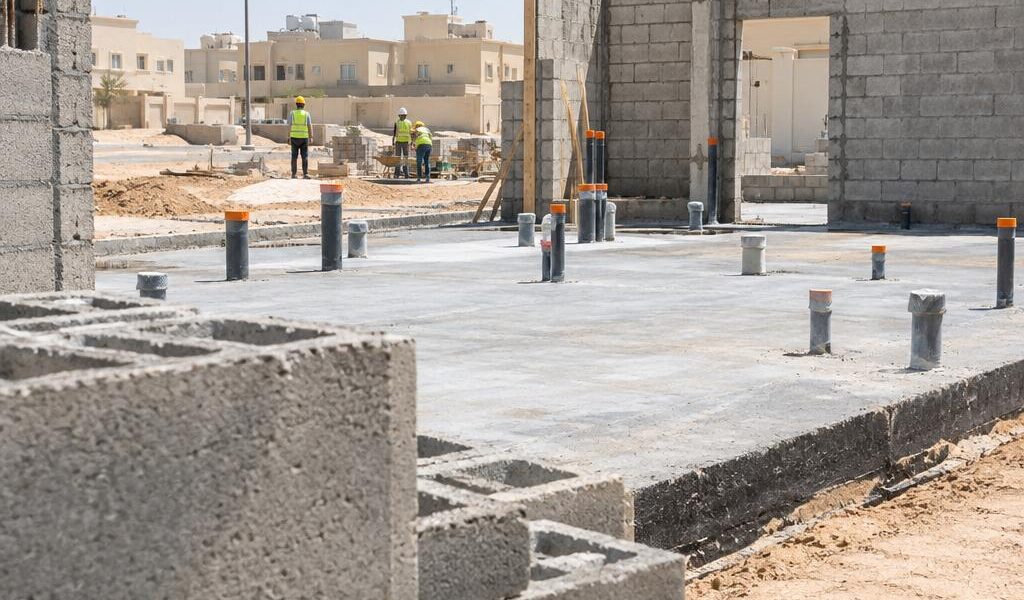 موقع بناء بيت في الكويت نهاراً تظهر فيه بلاطة خرسانية بمواسير بلاستيكية بارزة وجدران بلوك وعمال بخوذ أمان من بعيد