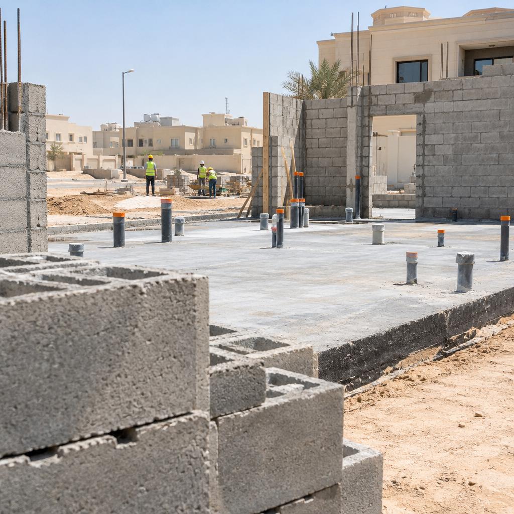 موقع بناء بيت في الكويت نهاراً تظهر فيه بلاطة خرسانية بمواسير بلاستيكية بارزة وجدران بلوك وعمال بخوذ أمان من بعيد