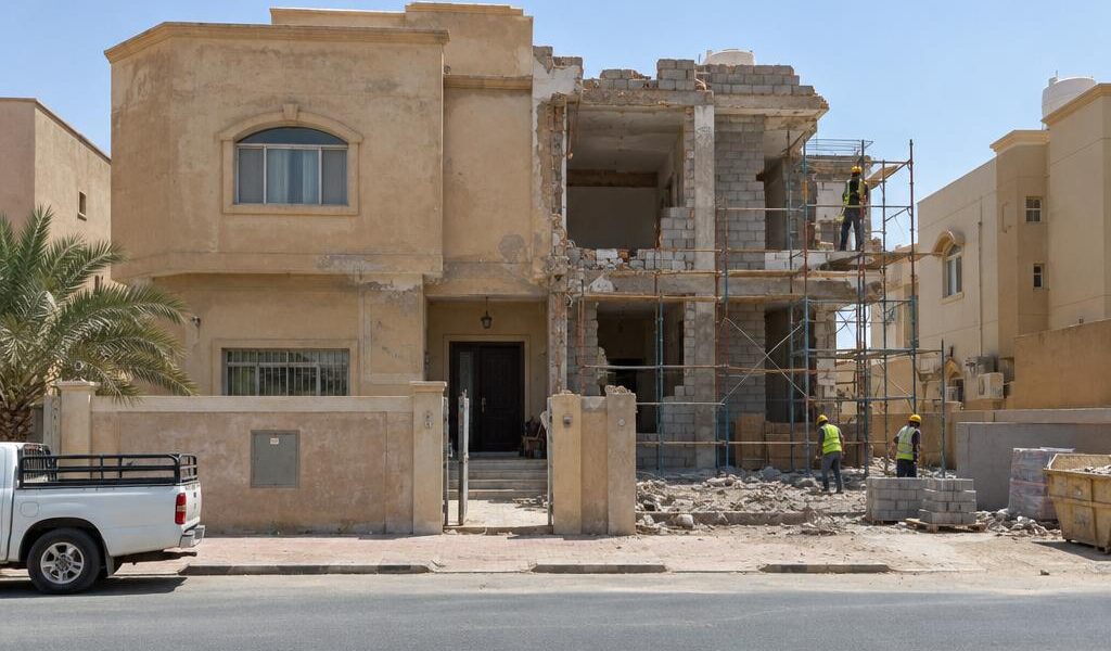 منزل سكني قديم في الكويت نهاراً بجانب منه جدران بلوك مكشوفة وسقالة منخفضة وعمال بخوذ أمان يظهرون من بعيد