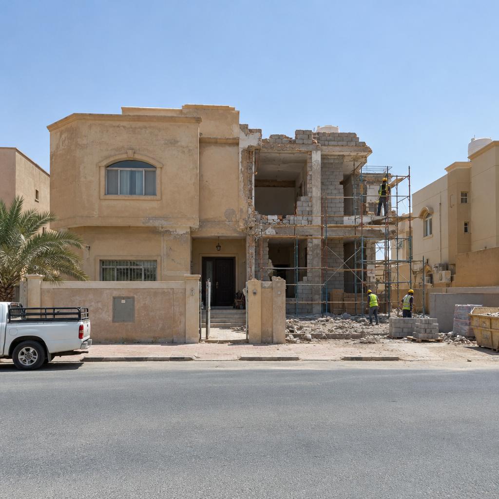 منزل سكني قديم في الكويت نهاراً بجانب منه جدران بلوك مكشوفة وسقالة منخفضة وعمال بخوذ أمان يظهرون من بعيد