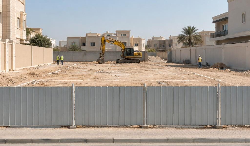 قسيمة سكنية مستوية بعد إزالة بيت قديم في الكويت مع حفارة متوقفة وسياج مؤقت وعمال بخوذ أمان من بعيد