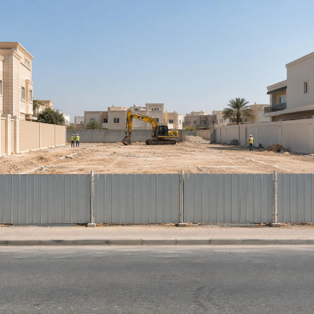 قسيمة سكنية مستوية بعد إزالة بيت قديم في الكويت مع حفارة متوقفة وسياج مؤقت وعمال بخوذ أمان من بعيد