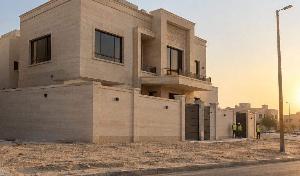 فيلا جديدة مكتملة الواجهة في الكويت قبيل العصر مع عمال بخوذ أمان من بعيد وعمود خدمات في الشارع