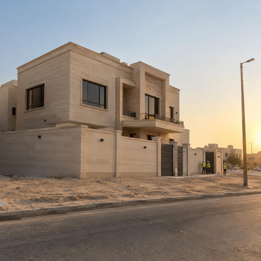 فيلا جديدة مكتملة الواجهة في الكويت قبيل العصر مع عمال بخوذ أمان من بعيد وعمود خدمات في الشارع