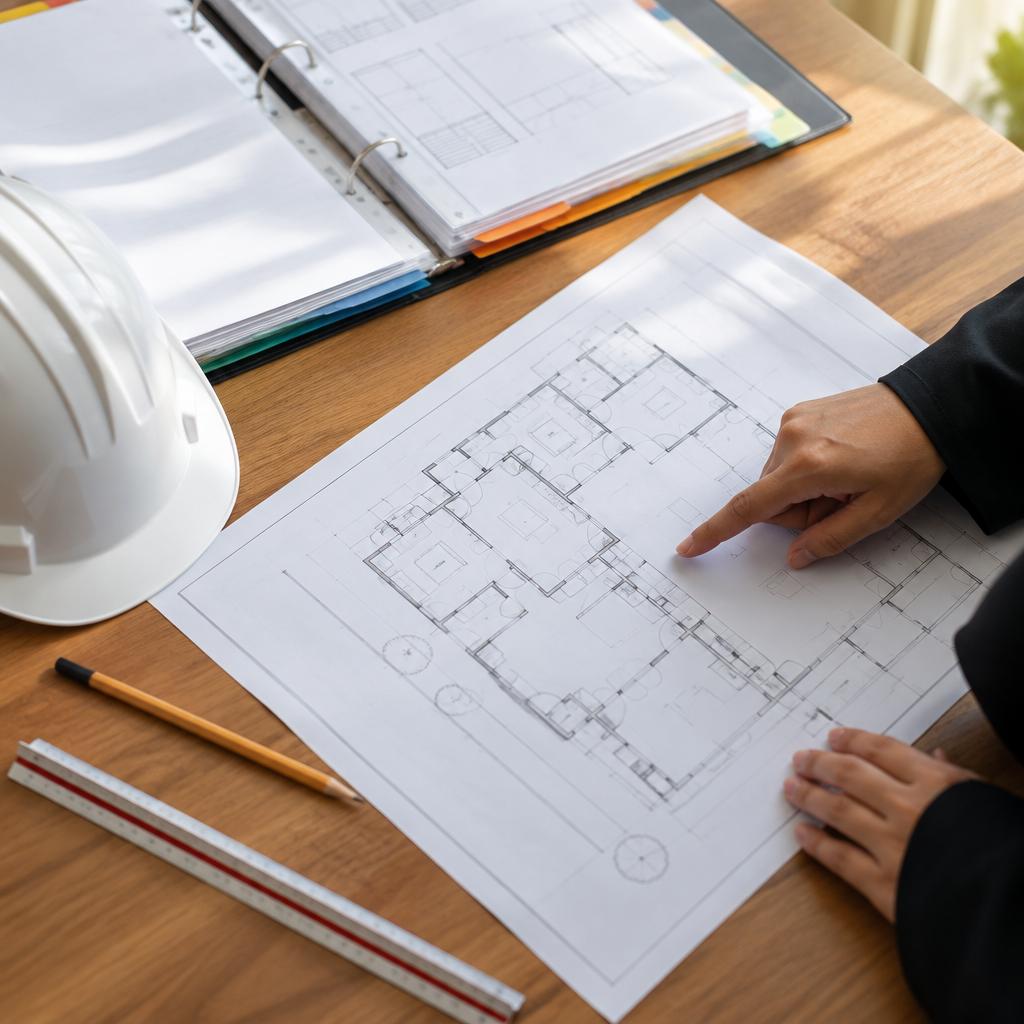 مخططات هندسية لبيت سكني على طاولة مع مجلد مستندات وخوذة أمان وقلم بإضاءة نافذة طبيعية