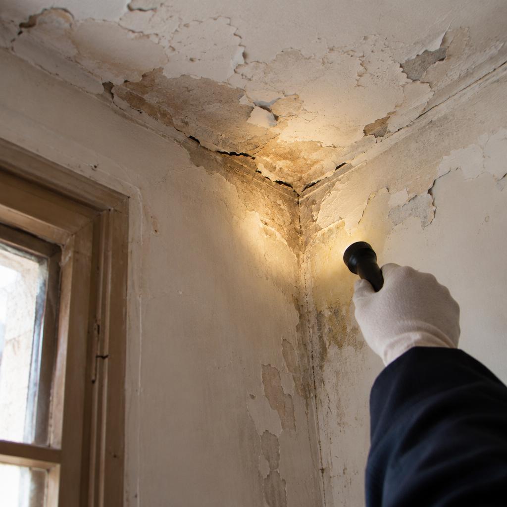 يد مهندس بقفاز تحمل مصباحاً صغيراً قرب زاوية سقف بها دهان متقشر وبقعة رطوبة