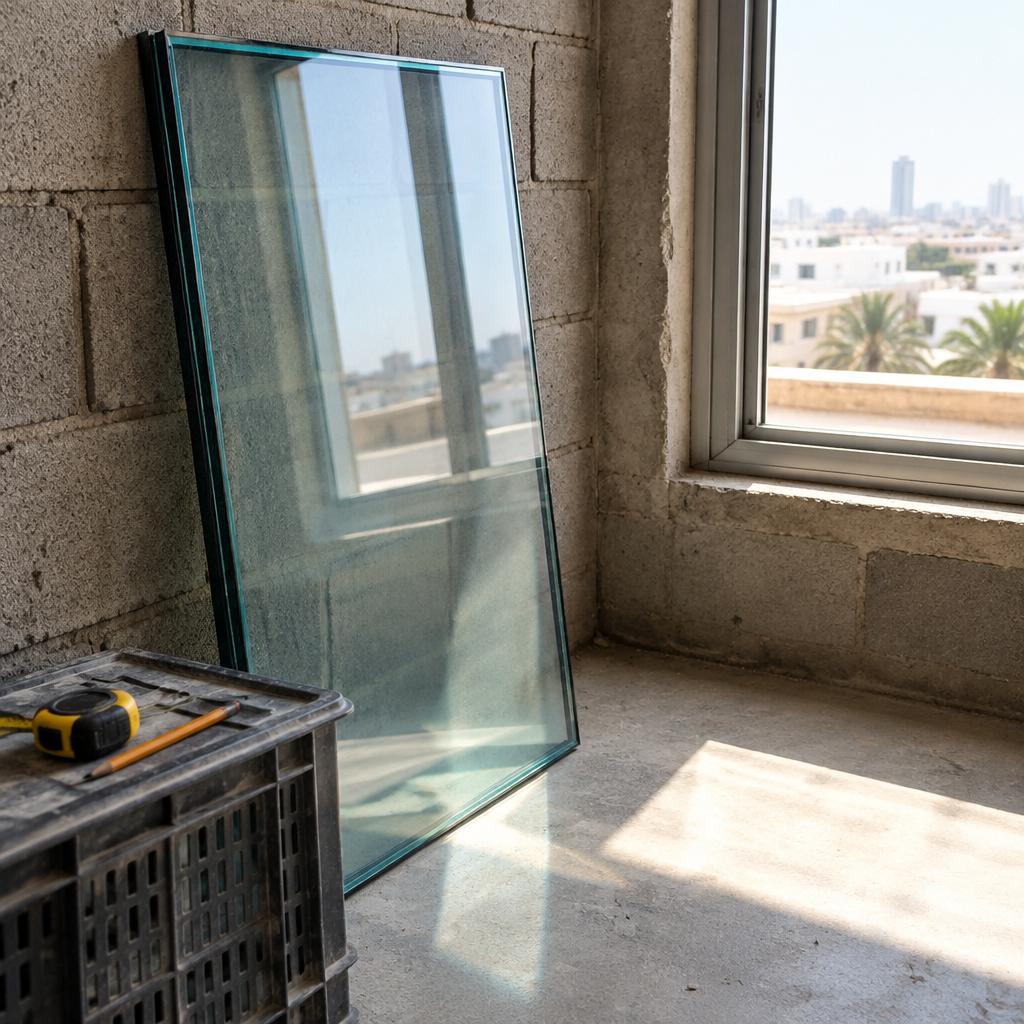 لوح زجاج عينة مائل بجوار فتحة نافذة بإطار ألمنيوم في جدار بلوك مع ضوء شمس قوي وظل على الأرضية