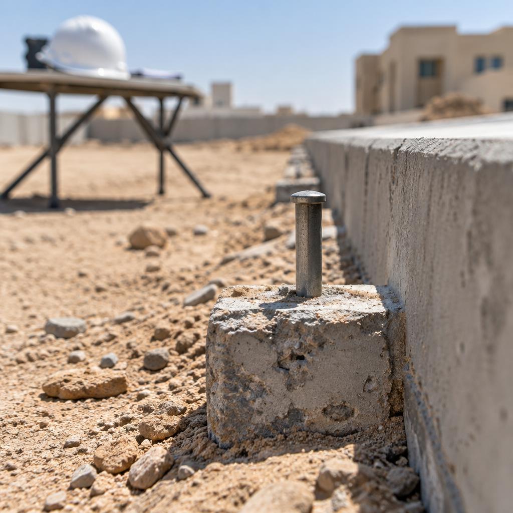 لقطة قريبة لعلامة مرجعية معدنية مثبتة في كتلة خرسانية على أرض رملية مع خوذة أمان غير واضحة في الخلفية
